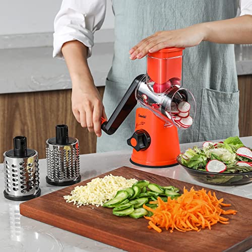 Geedel Rotary Cheese Grater, Kitchen Mandoline Vegetable Slicer with 3 Interchangeable Blades, Easy to Clean Grater for Fruit, Vegetables, Nuts