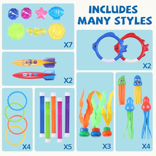 30 Packs Summer Pool Diving Swimming Essentials Toys for Kids, Fun Swim Games Sinking Set, Underwater Dive Gifts with Storage Bag Include Torpedo Gems Shark Rings Sea Animals for Boys Girls Toddlers