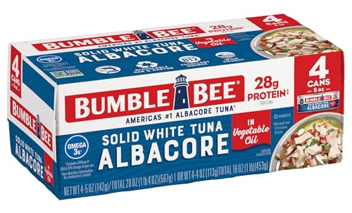 Bumble Bee Solid White Albacore Tuna in Water, 5 oz Can (Pack of 8) - Wild Caught Tuna - 29g Protein per Serving, High in Omega-3s - Non-GMO Project Verified, Gluten Free, Kosher