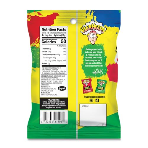 WARHEADS - Extreme Sour Hard Candy - Assorted Flavors - Sour Apple, Black Cherry, Blue Raspberry, Lemon & Watermelon Flavors - 2 oz. Bag