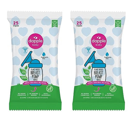 Breast Pump Wipes by Dapple Baby, 25 Count (Pack of 3), Fragrance Free, Plant Based & Hypoallergenic Breast Pump Wipes - Removes Milk Residue, Leaves No Taste - Convenient Wipes Pouch