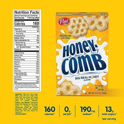 Post Honeycomb Cereal, Honey Flavored Sweetened Corn and Oat Cereal, 19 OZ Box