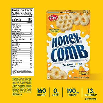 Post Honeycomb Cereal, Honey Flavored Sweetened Corn and Oat Cereal, 19 OZ Box