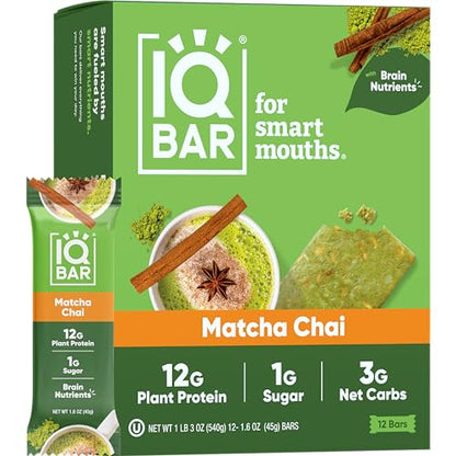 IQBAR Brain and Body Plant Protein Bars - Almond Butter Chip - 12 Count, Low Carb, High Fiber, Gluten Free, Vegan Snacks - Low Sugar Keto Energy Bars