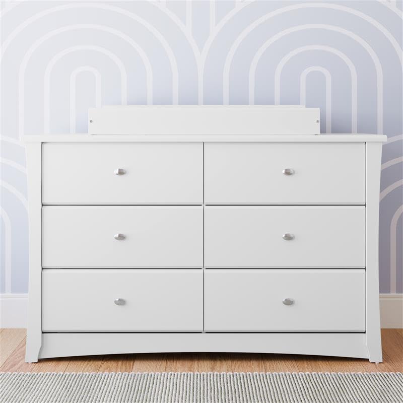 Storkcraft Crescent 6 Drawer Double Dresser (White) – GREENGUARD Gold Certified, Kids Dresser Drawer Organizer For Nursery, Chest of Drawers