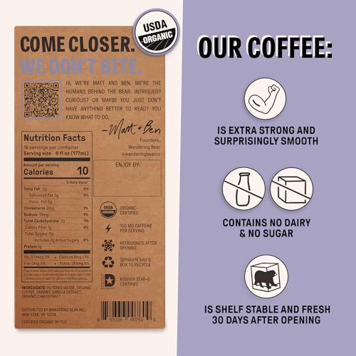 Wandering Bear Straight Black Organic Cold Brew Coffee On Tap, 96 fl oz - Extra Strong, Smooth, Unsweetened, Shelf-Stable, and Ready to Drink Iced Coffee, Cold Brewed Coffee, Cold Coffee