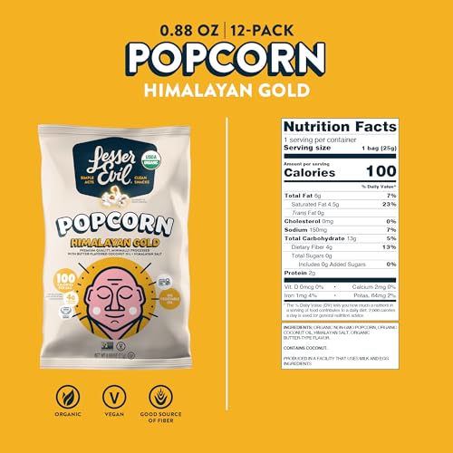 LesserEvil Himalayan Pink Salt Organic Popcorn, Premium Quality, Minimally Processed, No Vegetable Oil, 0.46 Oz, Pack of 24