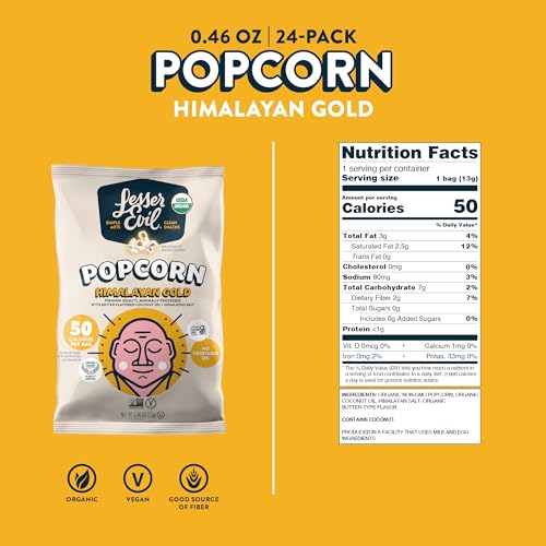 LesserEvil Himalayan Pink Salt Organic Popcorn, Premium Quality, Minimally Processed, No Vegetable Oil, 0.46 Oz, Pack of 24