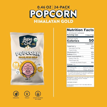 LesserEvil Himalayan Pink Salt Organic Popcorn, Premium Quality, Minimally Processed, No Vegetable Oil, 0.46 Oz, Pack of 24