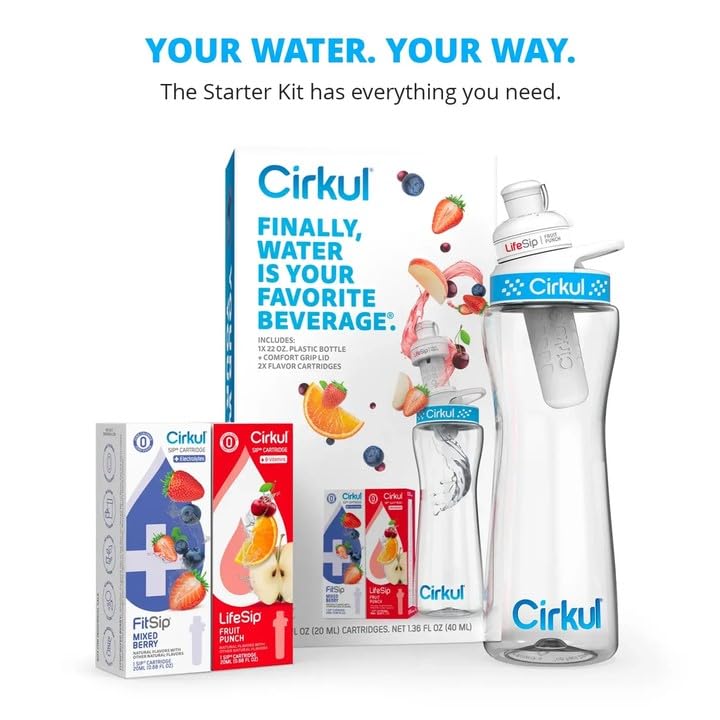 Cirkul Water Bottle + 2 Flavor Cartridge Starter Kit – 22 oz. BPA-Free Plastic Reusable Bottle & Blue Lid, LifeSip Fruit Punch w/B-Vitamins, FitSip Mixed Berry w/Electrolytes (Zero Calorie/No Sugar)