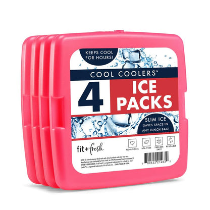 Cool Coolers By Fit & Fresh 4 Pack Slim Ice Packs, Quick Freeze Space Saving Reusable Ice Packs for Lunch Boxes or Coolers, Blue