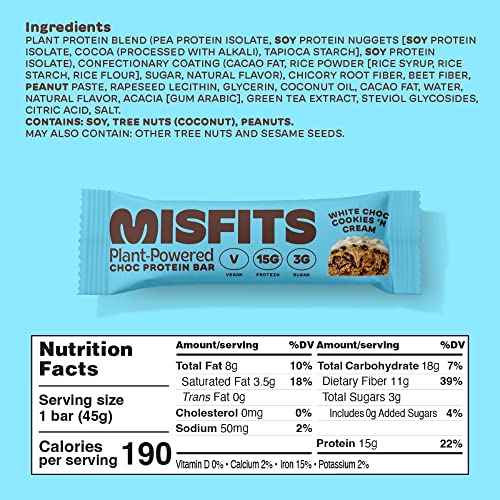 Misfits Vegan Protein Bar, Variety Pack, Plant Based Chocolate Protein Bars, High Protein Snacks for Adults with 15g Plant Protein Per Bar, Low Carb, 1g Sugar, High Fiber, Healthy Snack Food, 12 Pack