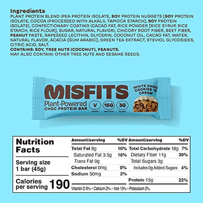 Misfits Vegan Protein Bar, Variety Pack, Plant Based Chocolate Protein Bars, High Protein Snacks for Adults with 15g Plant Protein Per Bar, Low Carb, 1g Sugar, High Fiber, Healthy Snack Food, 12 Pack