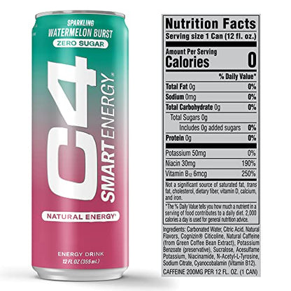 C4 Smart Energy Drink – Boost Focus and Energy with Zero Sugar, Natural Energy, and Nootropics - 200mg Caffeine - Cherry Berry Lime (12oz Pack of 12)