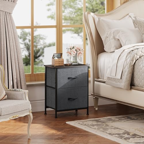 WLIVE Black Nightstand, Small Dresser for Bedroom with 2 Fabric Drawer, Bed Side Table with Drawers, End Table Bedside Furniture, Sturdy Steel Frame, Wood Top, Closet Organizer, College Dorm