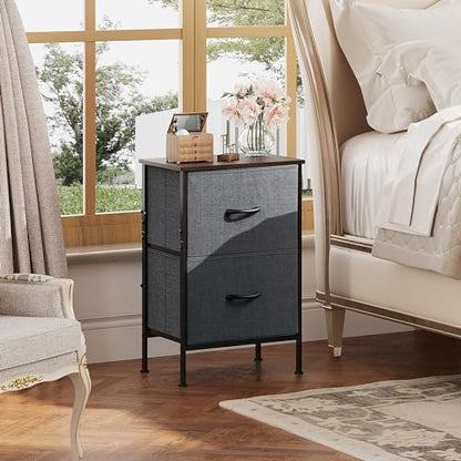 WLIVE Black Nightstand, Small Dresser for Bedroom with 2 Fabric Drawer, Bed Side Table with Drawers, End Table Bedside Furniture, Sturdy Steel Frame, Wood Top, Closet Organizer, College Dorm