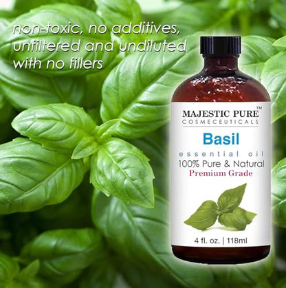 MAJESTIC PURE Basil Essential Oil, Premium Grade, Pure and Natural Premium Quality Oil, 4 Fl Oz