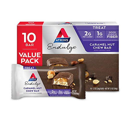 Atkins Endulge Caramel Nut Chew Bar, Dessert Favorite, 1g Sugar, Good Source of Fiber, Low Sugar, 10 Count