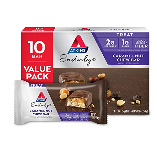 Atkins Endulge Caramel Nut Chew Bar, Dessert Favorite, 1g Sugar, Good Source of Fiber, Low Sugar, 10 Count