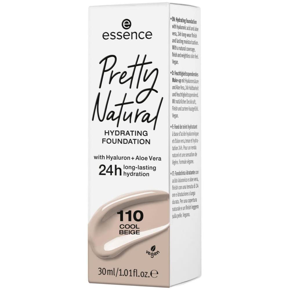 essence Pretty Natural Hydrating Foundation Make Up with Hyaluronic + Aloe Vera, No. 040 Neutral Vanilla, Nude Moisturising, Radiantly Fresh, Matte, Vegan, Oil-Free, Alcohol-Free (30 ml)