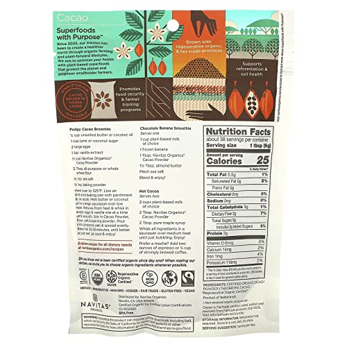 Navitas Organics Cacao Powder, Regenerative Organic Certified, Non-GMO, Fair Trade, Gluten-Free, 8oz. Bag, 15 Servings