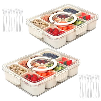 Snackle Box Charcuterie Container- Divided Serving Tray with Lid and Handle- Clear Plastic Portable Snack Box with 8 Compartment for Fruit, Veggie, Candy, Nuts, Picnic, Travel, Entertaining