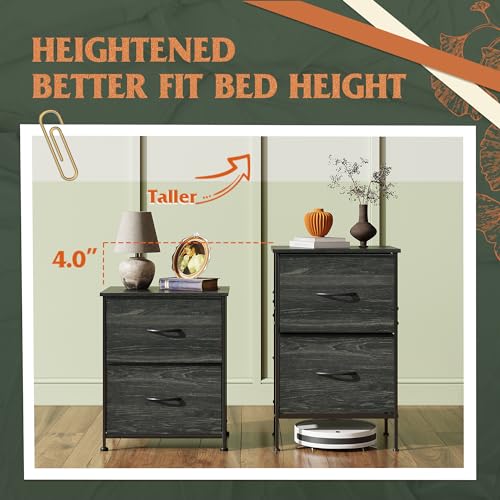 WLIVE Black Nightstand, Small Dresser for Bedroom with 2 Fabric Drawer, Bed Side Table with Drawers, End Table Bedside Furniture, Sturdy Steel Frame, Wood Top, Closet Organizer, College Dorm