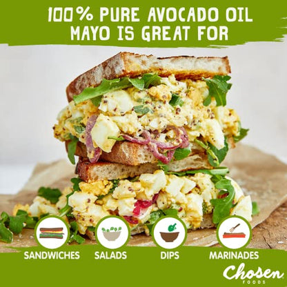 Chosen Foods 100% Avocado Oil-Based Classic Mayonnaise, Gluten & Dairy Free, Low-Carb, Keto & Paleo Diet Friendly, Mayo for Sandwiches, Dressings and Sauces, Made with Cage Free Eggs (32 Fl Oz)