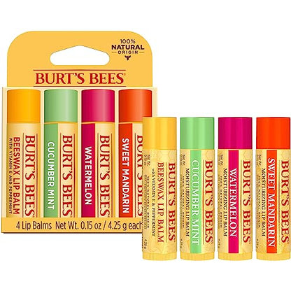 Burt's Bees Lip Balm - Pink Grapefruit, Mango, Coconut & Pear, and Pomegranate Pack, Lip Moisturizer With Beeswax, Tint-Free, Natural Origin Conditioning Lip Treatment, 4 Tubes, 0.15 oz.