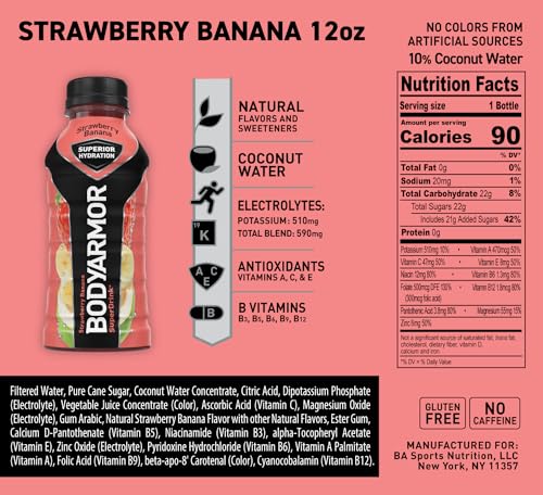 BODYARMOR Sports Drink Sports Beverage, Strawberry Banana, Coconut Water Hydration, Natural Flavors With Vitamins, Potassium-Packed Electrolytes, Perfect For Athletes, 12 Fl Oz (Pack of 8)