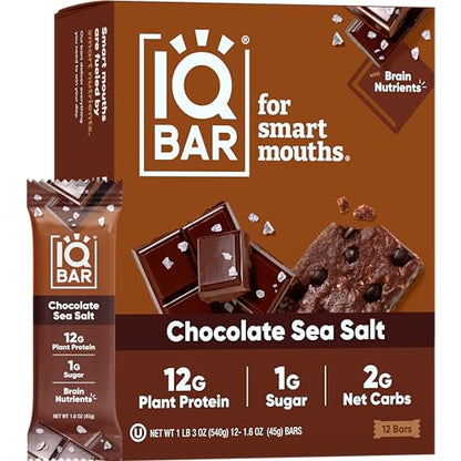 IQBAR Brain and Body Plant Protein Bars - Almond Butter Chip - 12 Count, Low Carb, High Fiber, Gluten Free, Vegan Snacks - Low Sugar Keto Energy Bars