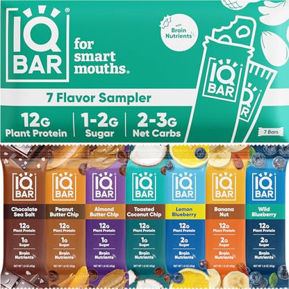 IQBAR Brain and Body Plant Protein Bars - Almond Butter Chip - 12 Count, Low Carb, High Fiber, Gluten Free, Vegan Snacks - Low Sugar Keto Energy Bars