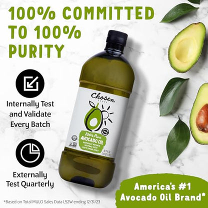 Chosen Foods 100% Pure Avocado Oil for Cooking - Made With Good Fats from Avocados, Naturally Refined, Never Adulterated, High Smoke Point, Non-GMO, Soy-Free, Canola Oil-Free, Gluten-Free, Paleo, Keto