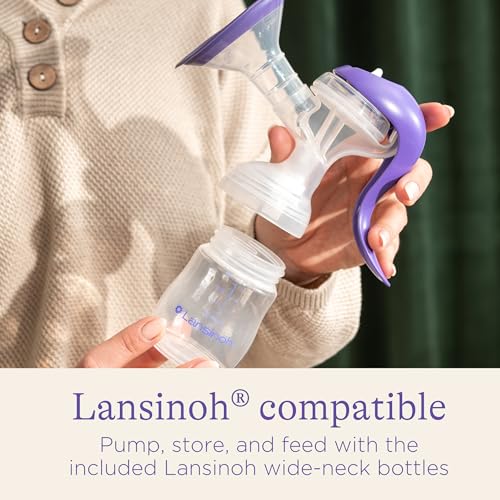 Lansinoh Manual Breast Pump, Hand Pump with Comfortable Flange for Breastfeeding Essentials, Includes Baby Bottle for Feeding, 5oz