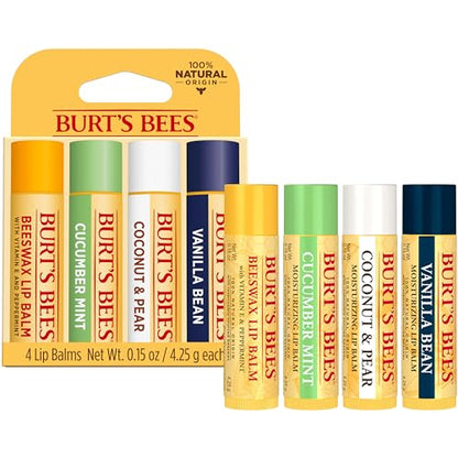 Burt's Bees Lip Balm - Pink Grapefruit, Mango, Coconut & Pear, and Pomegranate Pack, Lip Moisturizer With Beeswax, Tint-Free, Natural Origin Conditioning Lip Treatment, 4 Tubes, 0.15 oz.