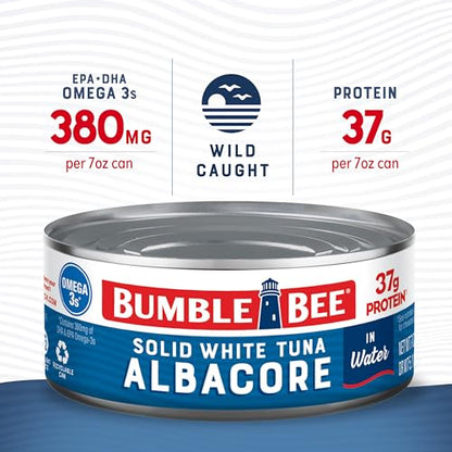 Bumble Bee Solid White Albacore Tuna in Water, 5 oz Can (Pack of 8) - Wild Caught Tuna - 29g Protein per Serving, High in Omega-3s - Non-GMO Project Verified, Gluten Free, Kosher