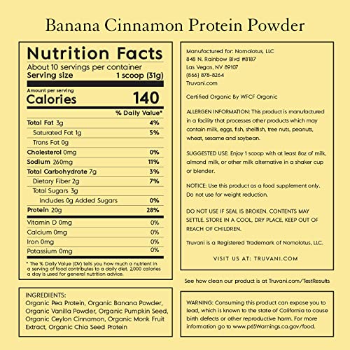 Truvani Vegan Pea Protein Powder | Banana Cinnamon | 20g Organic Plant Based Protein | 1 Serving | Keto | Gluten & Dairy Free | Low Carb | No Added Sugar