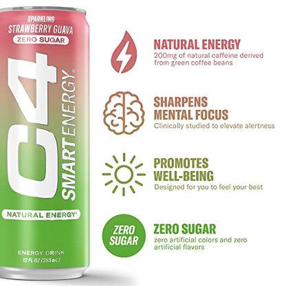 C4 Smart Energy Drink – Boost Focus and Energy with Zero Sugar, Natural Energy, and Nootropics - 200mg Caffeine - Cherry Berry Lime (12oz Pack of 12)