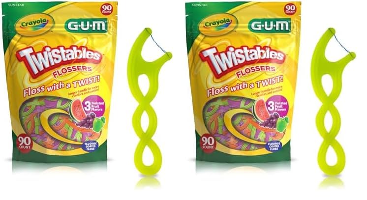 GUM Crayola Twistables Kids Flossers with Fluoride - Designed for Little Hands - Three Fun Fruit Flavors - Easy to Use Kids Floss Picks for Children Ages 3+, 90 ct (4pk)