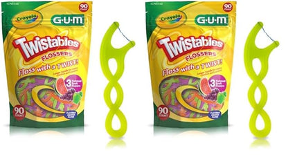 GUM Crayola Twistables Kids Flossers with Fluoride - Designed for Little Hands - Three Fun Fruit Flavors - Easy to Use Kids Floss Picks for Children Ages 3+, 90 ct (4pk)