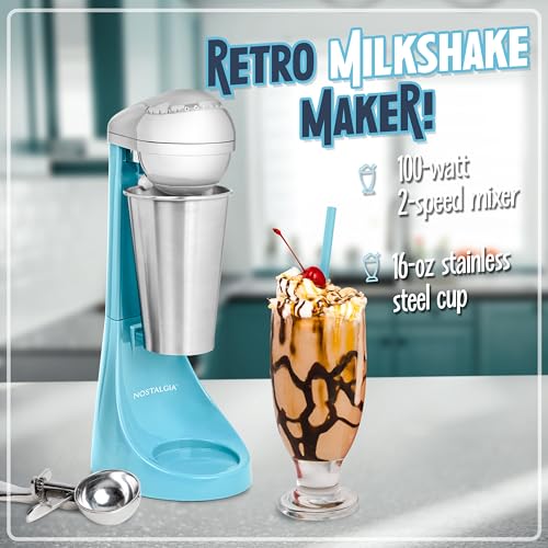 Nostalgia Two-Speed Electric Milkshake Maker and Drink Mixer, Includes 16-Ounce Stainless Steel Mixing Cup and Rod, Cream