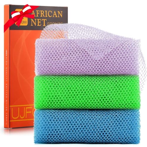 3 Pieces African Bath Sponge African Net Long Net Bath Sponge Exfoliating Shower Body Scrubber Back Scrubber Skin Smoother,Great for Daily Use (Black、Blue、Brown)