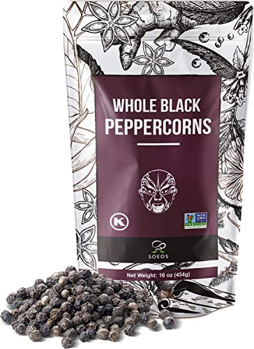 Soeos Black Peppercorns, 16oz (Pack of 1), Non-GMO, Kosher, Packed to Keep Peppers Fresh, Peppercorn for Grinder Refill, Whole Peppercorns