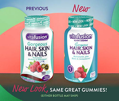 Vitafusion Gorgeous Hair, Skin Nails Multivitamin Gummy Vitamins, plus Biotin and Antioxidant vitamins CE, Raspberry Flavor, 100ct (33 day supply), from America’s Number One Gummy Vitamin Brand