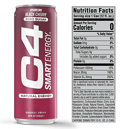 C4 Smart Energy Drink – Boost Focus and Energy with Zero Sugar, Natural Energy, and Nootropics - 200mg Caffeine - Cherry Berry Lime (12oz Pack of 12)