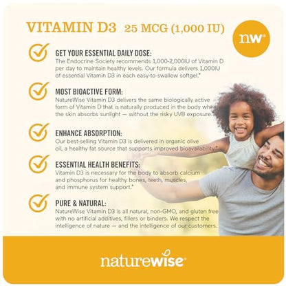 NatureWise Vitamin D3 1000iu (25 mcg) 1 Month Supply for Healthy Muscle Function, Bone Health and Immune Support, Non-GMO, Gluten Free in Cold-Pressed Olive Oil, Packaging May V, 30 Count