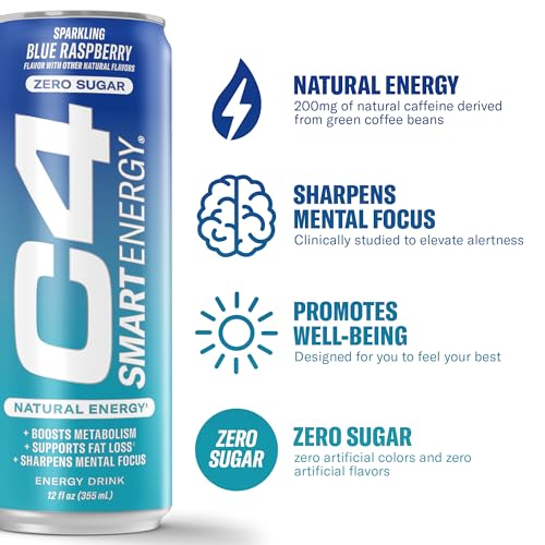 C4 Smart Energy Drink – Boost Focus and Energy with Zero Sugar, Natural Energy, and Nootropics - 200mg Caffeine - Cherry Berry Lime (12oz Pack of 12)