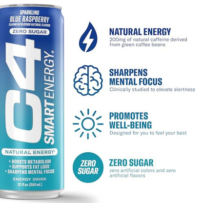 C4 Smart Energy Drink – Boost Focus and Energy with Zero Sugar, Natural Energy, and Nootropics - 200mg Caffeine - Cherry Berry Lime (12oz Pack of 12)