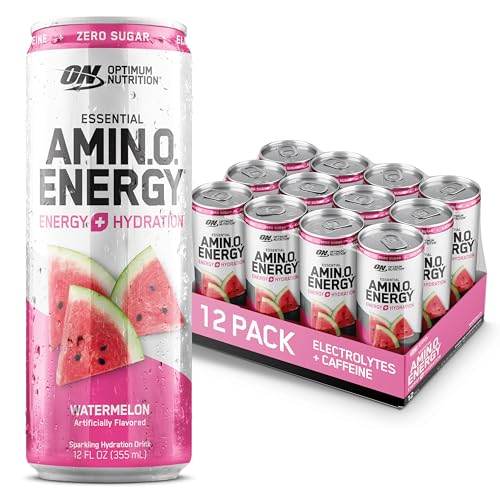 Optimum Nutrition Amino Energy Sparkling Hydration Drink, Electrolytes, Caffeine, Amino Acids, BCAAs, Sugar Free, Juicy Strawberry, 12 Fl Oz, 12 Pack (Packaging May Vary)