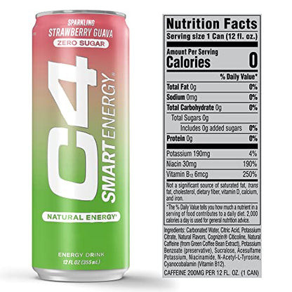 C4 Smart Energy Drink – Boost Focus and Energy with Zero Sugar, Natural Energy, and Nootropics - 200mg Caffeine - Cherry Berry Lime (12oz Pack of 12)